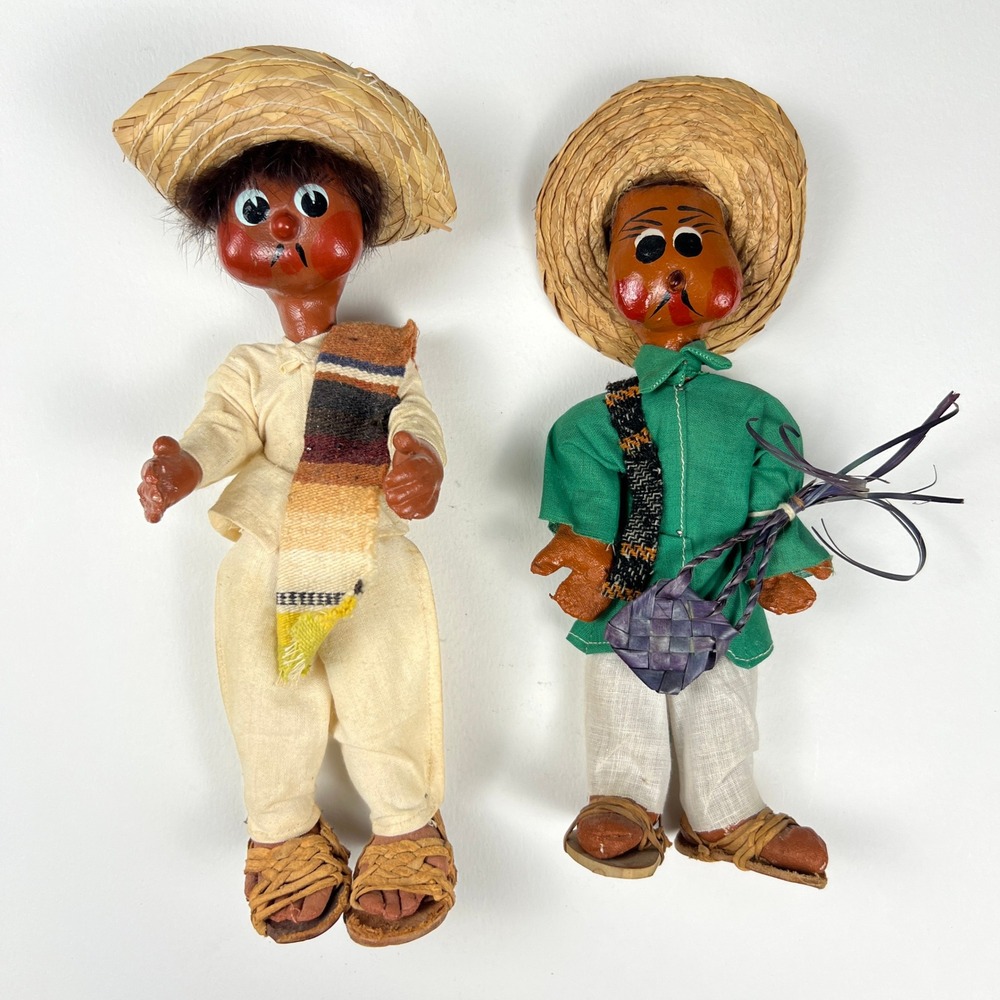 Vintage Mexican Folk Art Dolls Pair 10in Handmade Souvenir Decor Latino Rare